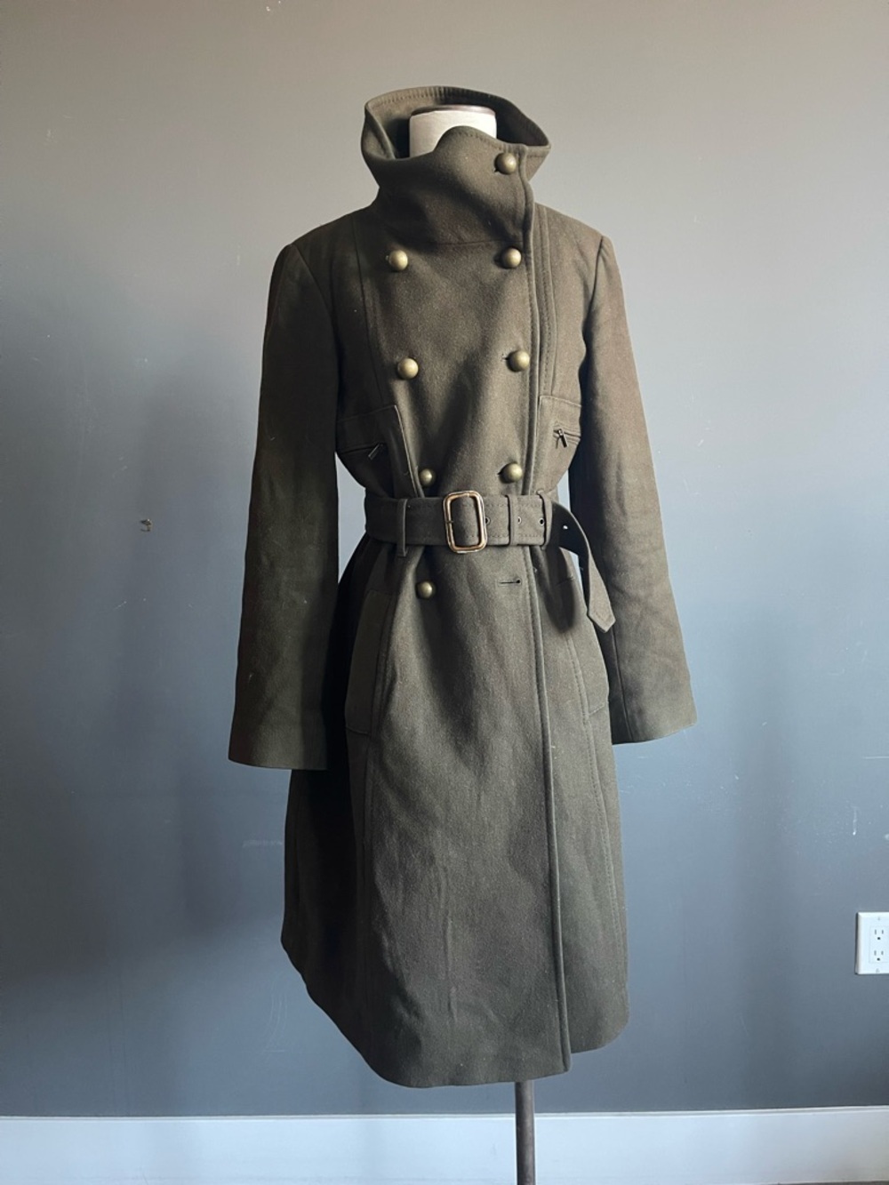 BCBG MaxAzria Wool Cashmere Coat Military Belted High Collar Olive Utility Chic
